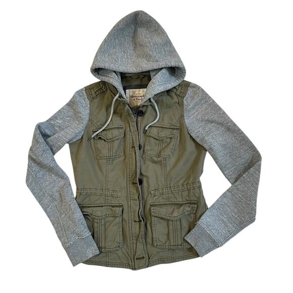 Abercrombie Fitch Jacket Womens Medium Green Gray Hoodie Utility Gorp Grunge Y2K - Picture 2 of 11